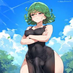 1girls angry black_dress blue_sky blush breasts bulge_through_clothing cloud covered_navel covered_nipples cowboy_shot crossed_arms curly_hair curvy day dress flaccid futanari green_eyes green_hair looking_at_viewer one-punch_man outdoors pelvic_curtain penis raceraai racerai short_hair sky solo sweat tatsumaki taut_clothes testicles thick_thighs tree