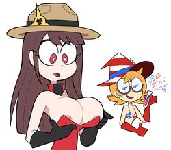 2019 2girls 4th_of_july :o akko_kagari american_flag american_flag_bikini american_flag_hat atsuko_kagari big_breasts blonde_hair blue_eyes breasts brown_hair clothing female female_only hat kagari_atsuko little_witch_academia long_hair lotte_yansson miscon mountie multiple_girls nipples police rcmp red_eyes royal_canadian_mounted_police simple_background smile uniform white_background