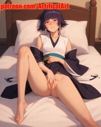 1girls ai_generated artifical_art black_hair bleach bleach:_the_thousand-year_blood_war blush incest masturbation presenting_pussy pussy slender_body small_breasts soifon solo spread_legs