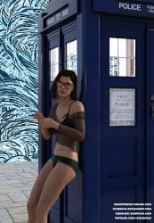 1girls 3d black_bra bra brown_hair daz_studio doctor_who glasses original short_shorts shorts stjude90 tardis