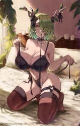 1girls antler_ribbon antlers bed bed_sheet black_bow black_bra black_choker black_panties black_ribbon blush bow bra breasts brown_thighhighs candle ceres_fauna ceres_fauna_(goth) choker cleavage collarbone commentary cross cross_earrings earrings english_commentary eyes_visible_through_hair female female_only fingernails food fruit grapes green_hair hair_branch hair_ornament hair_over_one_eye hairbow hairclip heart heart_choker heart_o-ring highres holding_strap hololive hololive_english hololive_english_-council- hololive_english_-promise- horns huge_breasts indoors jewelry kneeling looking_at_viewer medium_hair mole mole_under_eye mouth_hold navel o-ring o-ring_choker o-ring_thigh_strap one_eye_covered panties parted_lips patreon_username pillow plant ribbon side-tie_panties smile solo stomach strap_pull strap_slip thigh_strap thighhighs thighs tree_horns underwear untied_panties vicarious vicarious_(vicillust) virtual_youtuber yellow_eyes