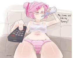 bow bow_panties cameltoe doki_doki_literature_club emiillb english_text natsuki_(doki_doki_literature_club) panties pink_eyes pink_hair pink_panties remote_control television_remote text tv_remote