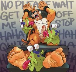 absurd_res anthro armpit_fetish armpit_lick armpit_play balls bandai_namco digimon digimon_(species) drewfsfeet erection etemon eyewear feet feral foot_fetish foot_lick foot_play fur genitals green_body group hi_res laugh licking male male/male numemon oral orange_body orange_fur penile penis penis_lick sex sunglasses tickle_torture tickling tongue