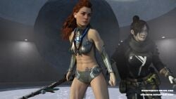 2girls 3d aloy apex_legends bikini black_hair female_only horizon_zero_dawn metal_bikini multiple_girls orange_hair stjude90 wraith_(apex_legends)