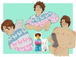 2025 balls blush brown_hair chest_tuft cock cocoach3rry feline fleshlight glasses lego lego_twink looking_at_viewer male masturbation nipples simple_background solo solo_male sweater sweating