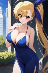 ahoge ai_generated blonde_hair blush cleavage embarrassed green_eyes hair_ribbon heterochromia large_breasts long_hair looking_at_viewer mahou_shoujo_lyrical_nanoha mahou_shoujo_lyrical_nanoha_strikers red_eyes side_ponytail vivio