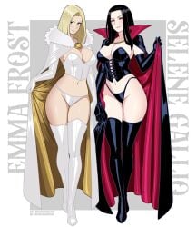 2girls black_queen_selene blonde_hair blue_eyes brown_hair cleavage corset emma_frost female_only hellfire_club large_breasts lingerie marvel marvel_comics micro_panties nico-neko panties red_eyes selene_gallio white_queen x-men