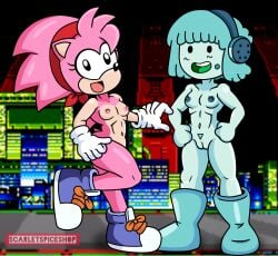 2girls adventure_time amy_rose bare_breasts bare_legs blue_hair bmo crossover furry partially_clothed pink_hair pussy robot_girl scarletspiceshop shorter_female small_breasts smiling sonic_(series) sonic_the_hedgehog_(series) yuri