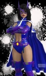 1girls 3d arms_crossed black_hair blue_leotard cape daz_studio dc_comics huntress_(dc) leotard