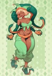 1girls blonde_female blonde_hair clothing_cutout crop_top dark-skinned_female dark_skin fangs female female_only forked_tongue hi_res highleg highleg_panties jester jester_outfit justrube looking_at_viewer open_mouth rube smiling smiling_at_viewer snake snake_girl solo standing strapless_top tagme thigh_cutout tongue_out