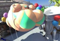 3d 3d_(artwork) balloon balloon_inflation balloons big_breasts bikini black_glasses cyan_hair floating glasses helium_inflation helium_tank inflation inflation_fetish inkling inkling_girl nintendo oc pool_party splatoon splatoon_(series) swimwear thesupermon tied_to_floor white_skin