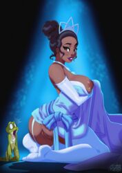 1boy 1girls areola areolae ass big_ass big_breasts blue_dress breasts bust busty curvaceous curvy dark-skinned_female dark_skin disney disney_princess dress exposed_ass exposed_breasts exposed_pussy eyelashes eyeshadow female female_focus frog gloves hair hair_bun hairbun huge_ass huge_breasts human large_ass large_breasts lips lipstick long_gloves male mouth nipples on_knees open_mouth prince prince_naveen princess pussy shocked shoulders signature stockings surprised teeth the_princess_and_the_frog tiana tiara tongue tovio_rogers vagina voluptuous water wide-eyed