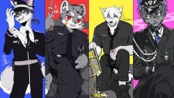 16:9 2024 artist_collaboration bandage bandage_on_face blue_eyes canid canine canis cigarette clothing domestic_dog felid fur grey_body grey_fur hi_res knci17 looking_at_viewer mammal pantherine police police_officer police_uniform red_eyes san_yang shi_xiao1770 smoking smoking_cigarette tiger tody_0312 uniform white_body white_fur widescreen wolf yellow_eyes