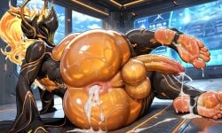 ai_generated anal anus balls barely_clothed barely_contained big_ass butthole cum cum_in_ass cum_inside cum_on_feet ember_heirloom_(warframe) fat_ass feet fiery fiery_hair fire fire_elemental fire_helmet futanari futuristic futuristic_armor futuristic_background futuristic_clothing futuristic_helmet futuristic_theme helmet huge_cock metallic_body orange_skin penis precum presenting presenting_anus robe solarian solo technology testicles warframe warframe_(species)