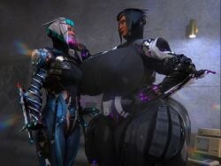 2girls 3d aoi_morohoshi asian_female black_hair blue_eyes female_only glowing_eyes huge_ass huge_breasts mag_(warframe) qzk_forte thick_thighs video_games warframe warframe_1999 wide_hips