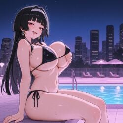 astra_yao bikini black_bikini black_hair black_hair_female breasts exposed_belly exposed_belly_button exposed_breasts female female_focus female_only hoyoverse mihoyo mihoyo_technology_(shanghai)_co._ltd. night night_sky pool solo solo_female solo_focus stars_of_lyra zenless_zone_zero