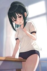 absurdres alternate_hairstyle black_buruma blush breasts buruma commentary_request commission crotch_rub female female_masturbation green_hair gym_uniform hand_up highres indoors looking_down love_live! love_live!_nijigasaki_high_school_idol_club masturbation masturbation_through_clothes medium_breasts medium_hair mifune_shioriko oerba_yun_fang open_mouth ponytail red_eyes shirt short_sleeves sidelocks skeb_commission solo standing table_humping tata_(tataice) upper_body white_shirt