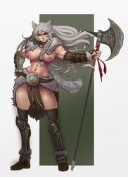 abs animal_ears axe braid braided_hair breasts cuffs_(clothing) exposed_breasts ezzyecchi fur fur_clothing grey_fur grey_hair holding_weapon leather_clothing leather_cuffs leather_straps metal_collar metal_cuffs monster_girl muscular_female skirt topless weapon wolf yellow_eyes