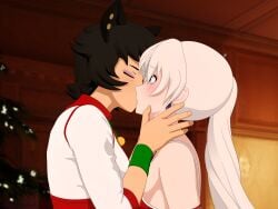 black_hair christmas christmas_outfit christmas_tree holidays kali_belladonna kissing milf necromalock rwby tagme weiss_schnee white_hair