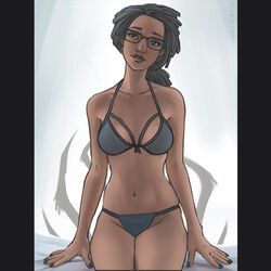 b.ridge black_eyes black_hair bra claudette_morel color dark_skin dbd dead_by_daylight eyewear female female_only glasses human lingerie na1t nail_polish panties short_hair simple_background sitting solo underwear