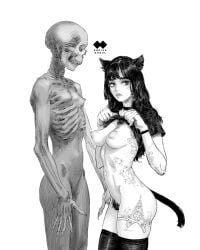 black_and_white bush cat_ears cat_tail catgirl exposed_breasts exposed_pussy flashing flashing_breasts godiva_ghoul lifted_skirt long_hair looking_away naked naked_female nudity skeleton stockings stockings_thigh_highs tail tattoo tattoos thigh_highs thighhighs