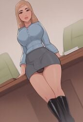 1futa 2d 2d_(artwork) ai_generated black_skirt blonde_futa blonde_hair blonde_hair_futa blue_shirt bulge civitai clothing desk dutch_angle futanari hands_on_desk large_breasts long_sleeves looking_at_viewer mare_ten_(style) milf_enjoyer miniskirt office_lady pencil_skirt solo solo_futa standing