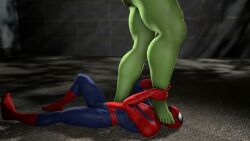 3d blueaurora3 blueaurorasfm femdom humiliation marvel marvel_comics naked_female she-hulk spider-man spider-man_(series) stepping_on_head