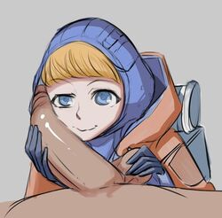 apex_legends backpack balls blonde_hair blue_eyes holding_balls holding_penis jacket looking_at_viewer malofantastic penis penis_on_face pov wattson_(apex_legends)