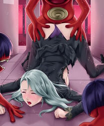 1girls black_clothes blush censored closed_eyes clothed_sex deep_rising demon doggy_style earrings from_behind grey_hair long_hair monster mosaic_censoring obariyon_(megami_tensei) open_mouth panties panties_aside persona persona_5 purple_panties purple_thong rape ripped_clothing sae_niijima sex thong thong_aside thor_(deep_rising) torn_clothes watching