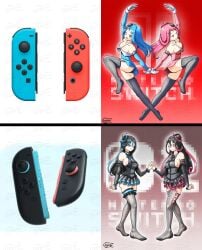 2girls blue_eyes blue_hair feuerz humanized joycon_controller looking_at_viewer pink_eyes pink_hair self_upload someone_else's_oc