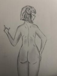 1female 1girls 5_fingers ass back back_view behind_view butt doki_doki_literature_club female flipping_off i_hate_reddit12 middle_finger natsuki_(doki_doki_literature_club) traditional_art traditional_media_(artwork)