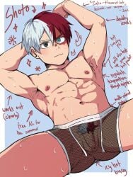 0027woo 1boy abs armpits arms_up ass_visible_through_thighs balls biceps big_areola blue_eyes blush boku_no_hero_academia boxers burn_scar flaccid foreskin gay grey_background grey_eyes hands_behind_head heterochromia hi_res lying lying_on_back male male_only mature_male mesh_clothing multicolored_hair muscles muscular muscular_arms muscular_male my_hero_academia navel neutral_expression pecs penis practically_nude red_hair scar scar_on_face see-through short_hair shouto_todoroki six_pack spread_legs sweat sweatdrop sweating sweaty teal_eyes text thick_thighs topless tough_guy two_tone_hair uncensored uncut white_border white_hair yaoi young