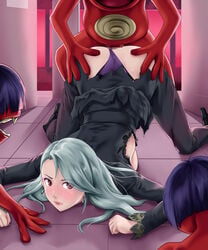 1girls angry ass black_clothes blush censored clenched_teeth clothed_sex deep_rising demon doggy_style earrings face_down_ass_up from_behind grey_hair group long_hair monster mosaic_censoring obariyon_(megami_tensei) panties panties_aside persona persona_5 purple_panties purple_thong rape red_eyes ripped_clothing sae_niijima sex thong thong_aside thor_(deep_rising) torn_clothes watching