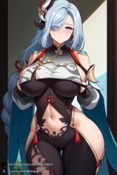 1female 1girls 2025 ai_generated artist_name bangs bare_shoulders big_ass big_breasts black_bodysuit blue_eyes blush bodysuit braid braided_ponytail breast_curtain breasts closed_mouth clothing_cutout cowboy_shot curvy earrings female genshin_impact gloves grey_hair hair_ornament hair_over_one_eye hi_res high_quality high_resolution highres hip_vent huge_ass huge_breasts jewelry large_breasts long_hair long_sleeves looking_at_viewer navel partially_fingerless_gloves patreon patreon_username puffy_long_sleeves shenhe_(genshin_impact) shoulder_cutout solo sweat tassel tassel_earrings thigh_gap thighs unjobdespiert very_long_hair watermark wide_hips