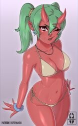 1girls 2d bikini bracelet breasts cleavage curvy demon demon_girl demon_horns earring epic_games female female female_only fortnite fortnite:_battle_royale green_hair horns iisfernado looking_at_viewer necklace nemia_(fortnite) one_eye_closed oni painted_nails partially_clothed purple_eyes red_skin simple_background solo solo_female tagme twintails wink winking_at_viewer