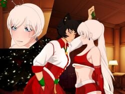 black_hair christmas christmas_outfit christmas_tree holidays kali_belladonna milf mistletoe necromalock rwby tagme weiss_schnee white_hair