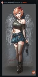 black_lipstick boots crop_top fake_wings fishnets goth goth_boots goth_girl gothic handbag hot_as_fuck red_bow sayori_(doki_doki_literature_club) short_skirt thot wings