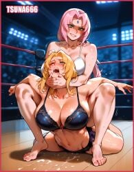 ai_generated armpits camel_clutch catfight milf naruto naruto_(series) sakura_haruno thick_thighs thighs tsunade wrestling yuri