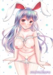 1girls animal_ears areolae belly_button blush bow bra bra_up breasts breasts_out bunny_ears bunny_girl censored censored_pussy collarbone female_focus light-skinned_female light_skin lingerie long_hair mimikoro navel nipples panties panties_down panty_pull purple_hair pussy red_eyes reisen_udongein_inaba simple_background solo solo_focus thighs touhou watermark