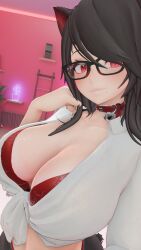 bell_collar black_hair glasses large_breasts looking_at_viewer mole_under_eye red_eyes sn0wbreeze vrchat vrchat_avatar vrchat_model