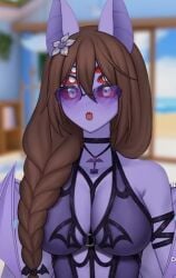 1girls 6_eyes bat bat_ears big_breasts blurry_background braided_hair brazilian brown_hair danaramor dante_will female glasses large_breasts open_mouth purple_body purple_skin solo tagme vtuber youtuber