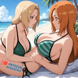2d 2d_(artwork) 2d_artwork 2girls ahegao_ai ai_generated bikini bikini_bottom bikini_top bleach bleach:_the_thousand-year_blood_war crossover inoue_orihime inoue_orihime naruto naruto_(classic) naruto_(series) naruto_shippuden patreon patreon_link patreon_logo patreon_url patreon_username tsunade watermark