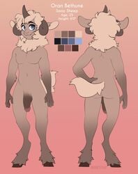 1boy anthro blue_eyes bovid caprine cloven_hooves curved_horns erection fetalstar fur hair hi_res hooves horn humanoid_penis male mammal model_sheet neck_tuft no_nipples nude oran_(hendak) original_character penis sheep smile solo standing text tuft wool