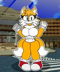 aged_up big_breasts big_thighs blue_eyes city_background confused_look fox furry red_shoes sonic_(series) sonic_the_hedgehog_(series) tails tails_the_fox tailsko two_tails verdoshonsfw white_gloves