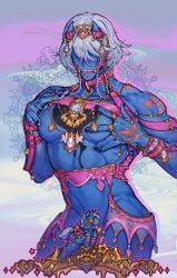 1boy blue_skin erect_nipples groping_breasts groping_self guilty_gear guilty_gear_strive happy_chaos harness horn horns jewelry leather leather_straps male_only mouth_hook muscular muscular_male nude_male pearls pink_outfit pink_straps tattoo tattoos white_hair