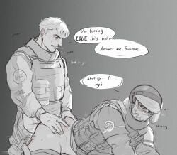 2boys anal bottomless clothed clothed_sex dialogue doc_(rainbow_six) doggy_style gay helmertschmidt lion_(rainbow_six) male_only masked masked_male rainbow_six_siege uniform yaoi