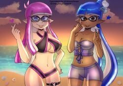 2girls 4k alternate_version_available artist_name beach beach_background belly belly_button big_breasts bikini blue_eyes blue_hair breasts brown_eyes dark-skinned_female dark_skin different_breast_sizes different_poses eyelashes eyelashes_visible_through_hair fat_boobs fat_breasts fist_pump glasses hair_clip hi_res high_resolution highres huge_boobs huge_breasts inkling inkling_girl large_boobs large_breasts orange_sky pale-skinned_female pale_skin peace_sign pink_hair plump_boobs plump_breasts revealing revealing_breasts revealing_clothes revealing_outfit revealing_swimsuit sexy sexy_pose shayshayshamera short_shirt shorts splatoon splatoon_(series) splatoon_2 splatoon_3 summer sunset tentacle tentacle_hair v-sign