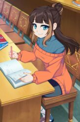 1girls book brown_hair crush_crush cute female female_focus female_only game_cg hair_bun nutaku peanut_(crush_crush) sad_panda_studios safe sfw sitting sitting_on_chair solo solo_female solo_focus student studying