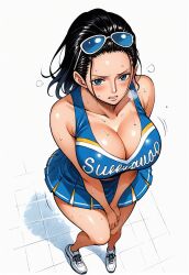 ai_generated alluring almost_naked almost_nude big_breasts blue_eyes breasts cheerleader cheerleader_outfit cheerleader_uniform cheerleading_uniform female female_only looking_at_viewer nico_robin one_piece seducing seduction seductive seductive_body seductive_eyes seductive_gaze seductive_look seductive_mouth seductive_pose sunglasses sunglasses_on_head sweat sweatdrop sweating sweaty sweaty_body thick_thighs voluptuous voluptuous_female yashin