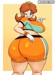 1girls ass ass_focus brown_hair daisy's_hot_stuff_(trend) female_only looking_at_viewer looking_back mario_(series) mario_strikers matospectoru orange_shorts princess_daisy short_hair shorts smile tagme wink